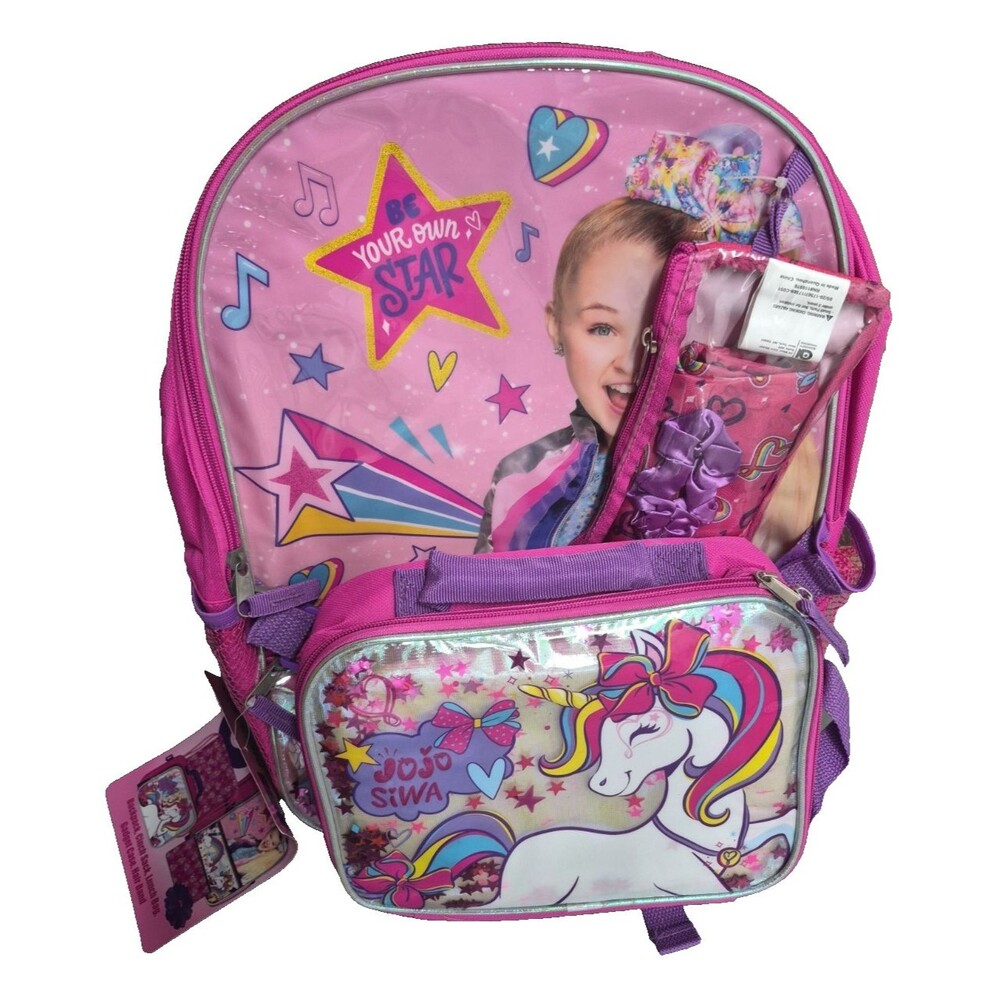 JoJo Siwa 5 Pc. 16" Backpack Lunch Bag Cinch Sack Gadget Case Hair Band